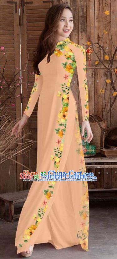 Asian Vietnam Traditional Printing Cheongsam Vietnamese Champagne Ao Dai Qipao Dress for Women