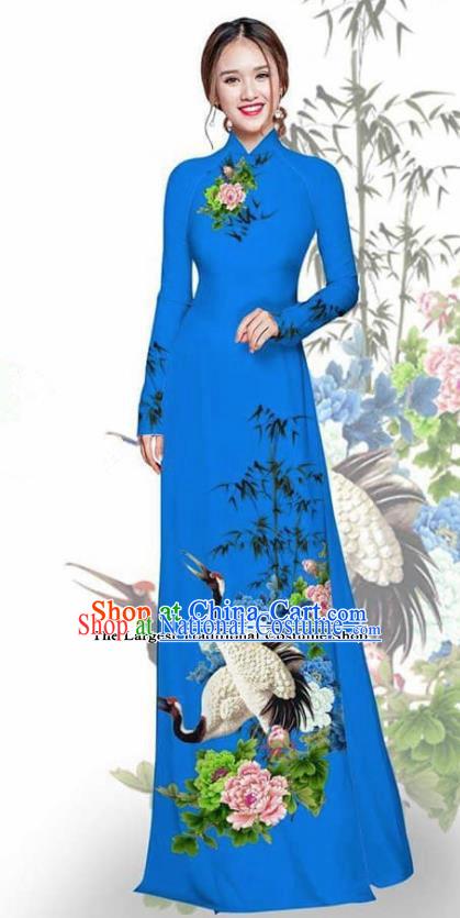 Asian Vietnam Traditional Printing Crane Peony Deep Blue Cheongsam Vietnamese Ao Dai Qipao Dress for Women