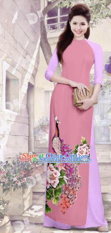 Asian Vietnam Traditional Peach Pink Cheongsam Vietnamese Printing Peacock Ao Dai Qipao Dress for Women