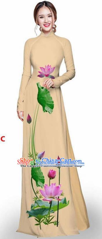 Asian Vietnam Traditional Khaki Cheongsam Vietnamese Printing Lotus Ao Dai Qipao Dress for Women