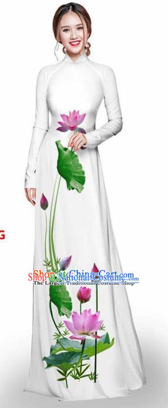 Asian Vietnam Traditional White Cheongsam Vietnamese Printing Lotus Ao Dai Qipao Dress for Women