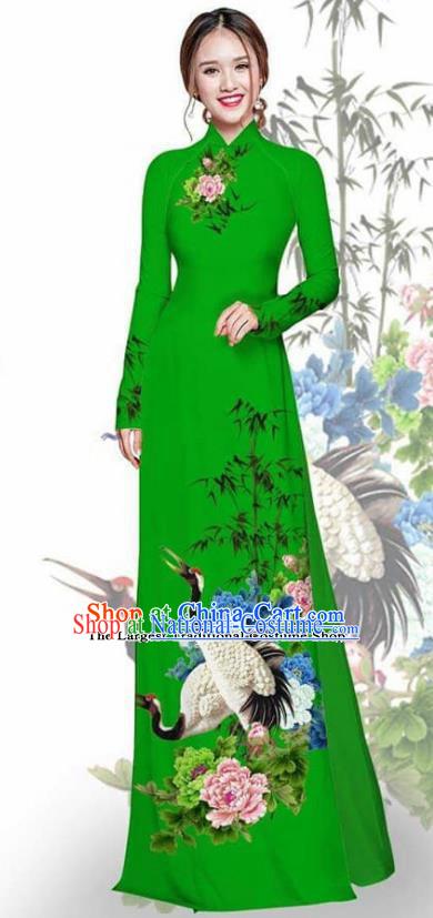 Asian Vietnam Traditional Printing Crane Peony Deep Green Cheongsam Vietnamese Ao Dai Qipao Dress for Women