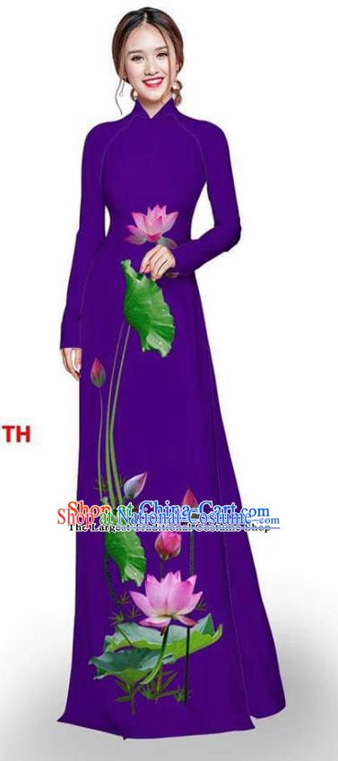 Asian Vietnam Traditional Deep Purple Cheongsam Vietnamese Printing Lotus Ao Dai Qipao Dress for Women