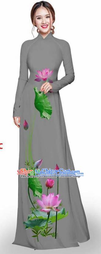 Asian Vietnam Traditional Grey Cheongsam Vietnamese Printing Lotus Ao Dai Qipao Dress for Women