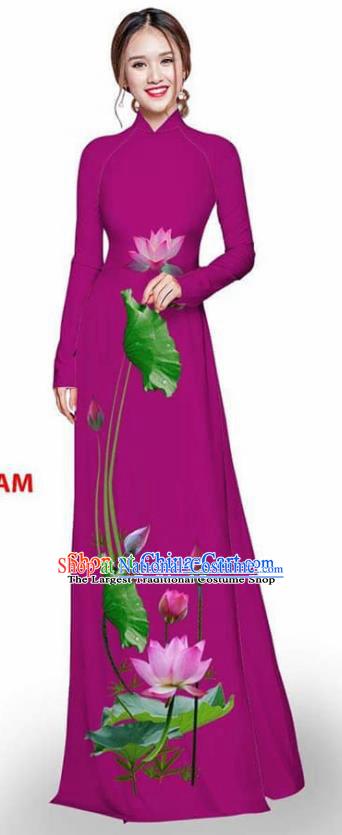 Asian Vietnam Traditional Amaranth Cheongsam Vietnamese Printing Lotus Ao Dai Qipao Dress for Women