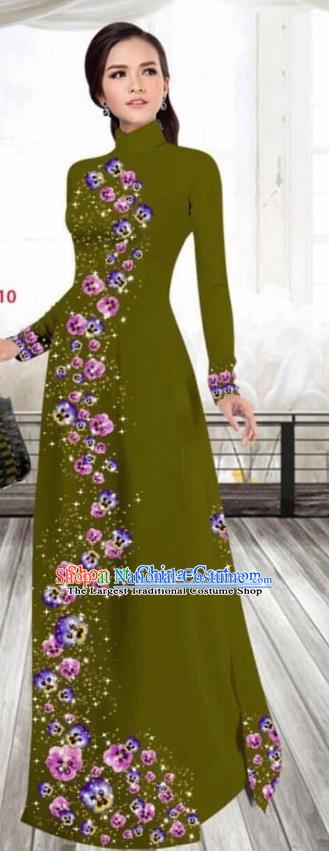 Asian Vietnam Traditional Female Costume Vietnamese Printing Olive Green Cheongsam Ao Dai Qipao Dress for Women