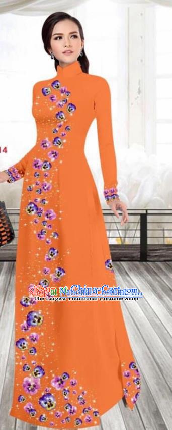 Asian Vietnam Traditional Female Costume Vietnamese Printing Orange Cheongsam Ao Dai Qipao Dress for Women