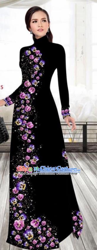 Asian Vietnam Traditional Female Costume Vietnamese Printing Black Cheongsam Ao Dai Qipao Dress for Women