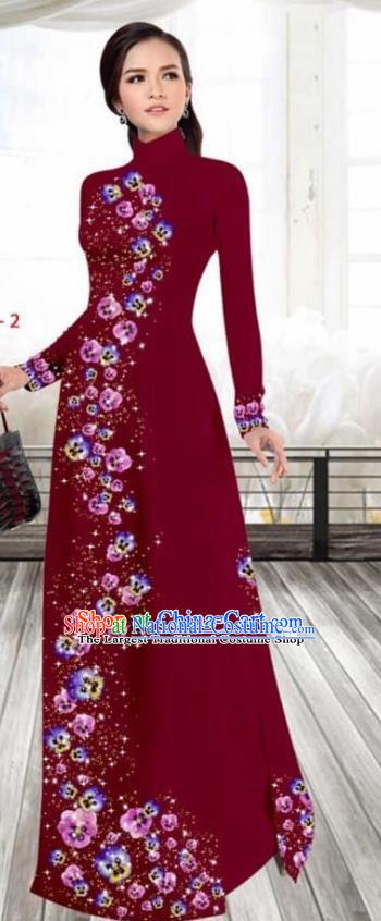 Asian Vietnam Traditional Female Costume Vietnamese Printing Purplish Red Cheongsam Ao Dai Qipao Dress for Women