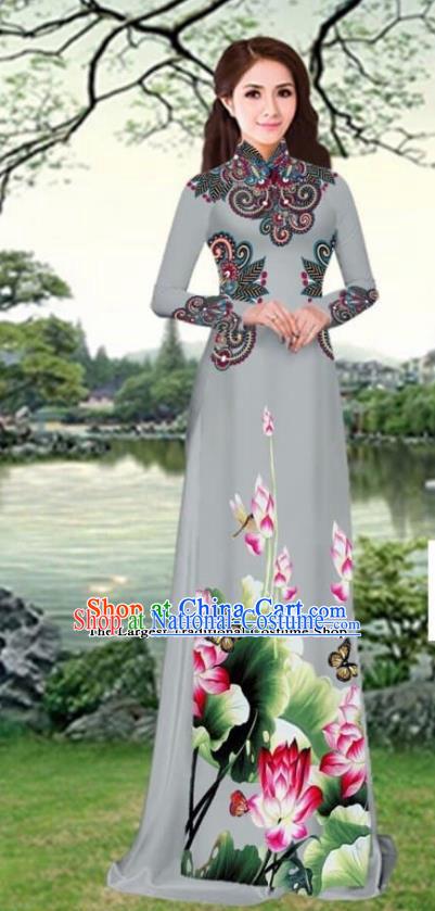 Asian Traditional Vietnam Female Costume Vietnamese Printing Lotus Grey Cheongsam Ao Dai Qipao Dress for Women