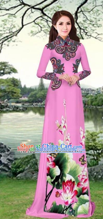 Asian Traditional Vietnam Female Costume Vietnamese Printing Lotus Pink Cheongsam Ao Dai Qipao Dress for Women