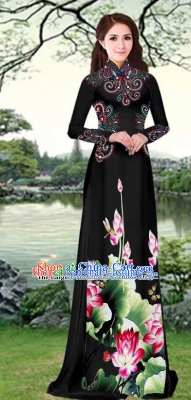 Asian Traditional Vietnam Female Costume Vietnamese Printing Lotus Black Cheongsam Ao Dai Qipao Dress for Women