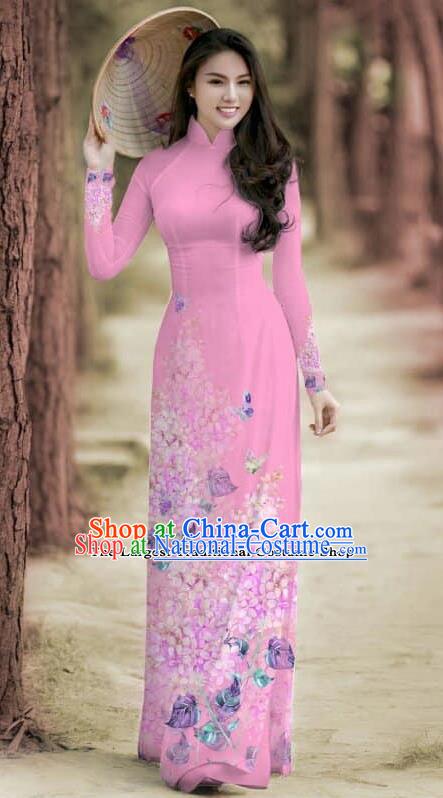 Asian Traditional Vietnam Female Costume Vietnamese Bride Cheongsam Pink Ao Dai Qipao Dress for Women