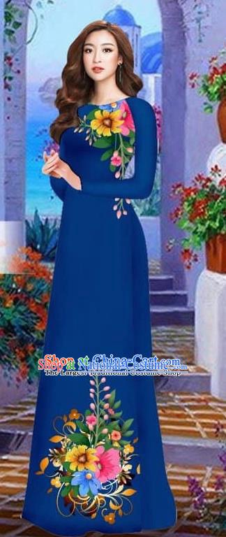 Asian Vietnam Traditional Female Costume Vietnamese Navy Cheongsam Printing Ao Dai Qipao Dress for Women