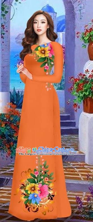 Asian Vietnam Traditional Female Costume Vietnamese Orange Cheongsam Printing Ao Dai Qipao Dress for Women