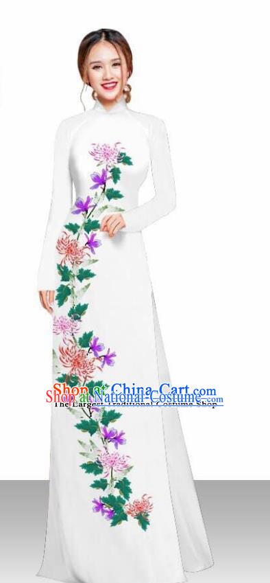 Asian Vietnam Traditional Female Costume Vietnamese Printing Chrysanthemum White Ao Dai Qipao Dress for Women