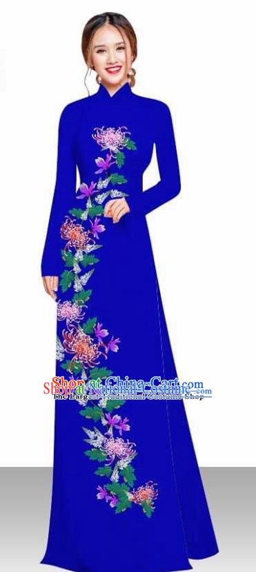 Asian Vietnam Traditional Female Costume Vietnamese Printing Chrysanthemum Royalblue Ao Dai Qipao Dress for Women