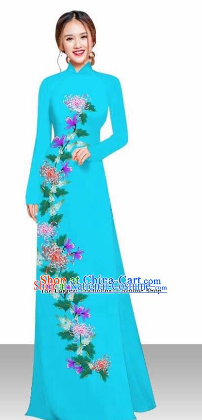 Asian Vietnam Traditional Female Costume Vietnamese Printing Chrysanthemum Blue Ao Dai Qipao Dress for Women