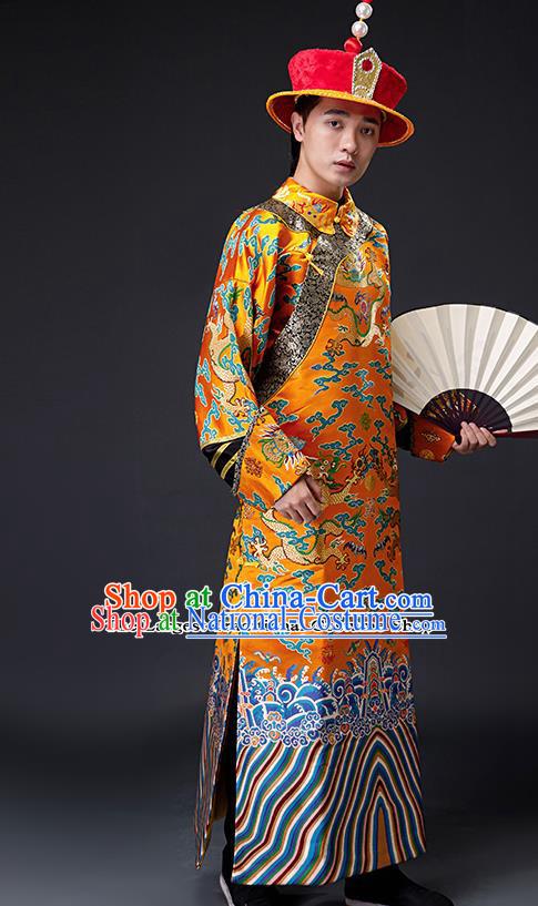 Chinese Ancient Drama Emperor Costumes Traditional Qing Dynasty Majesty Clothing and Hat for Men