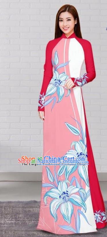 Asian Traditional Vietnam Costume Vietnamese Bride Cheongsam Pink Ao Dai Qipao Dress for Women