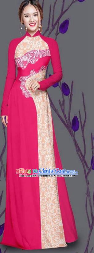 Asian Traditional Vietnam Costume Ao Dai Qipao Dress Vietnamese Bride Rosy Cheongsam for Women