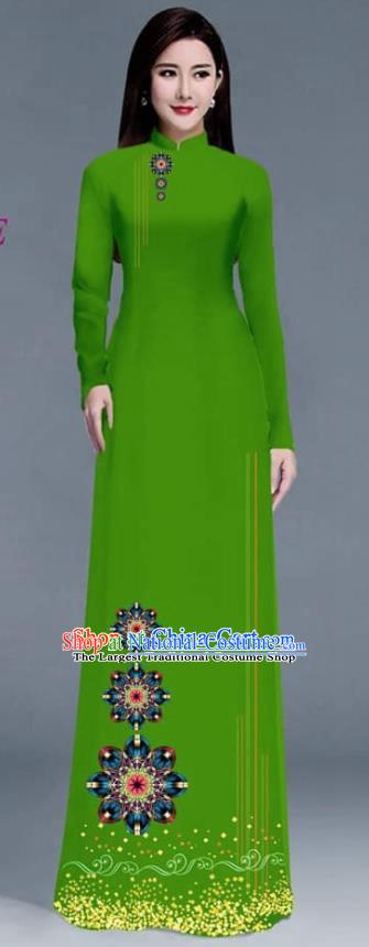 Asian Traditional Vietnam Ao Dai Costume Vietnamese Bride Green Cheongsam for Women