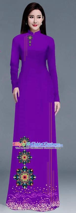 Asian Traditional Vietnam Ao Dai Costume Vietnamese Bride Purple Cheongsam for Women