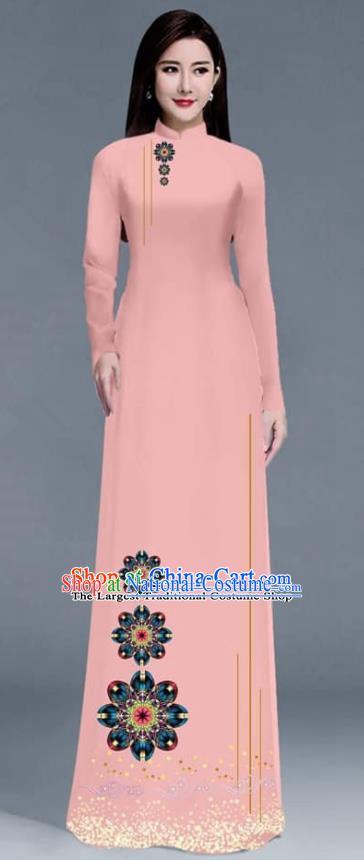 Asian Traditional Vietnam Ao Dai Costume Vietnamese Bride Pink Cheongsam for Women