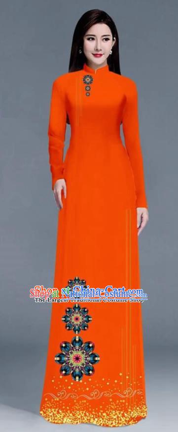 Asian Traditional Vietnam Ao Dai Costume Vietnamese Bride Orange Cheongsam for Women