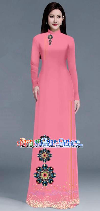 Asian Traditional Vietnam Ao Dai Costume Vietnamese Bride Rosy Cheongsam for Women