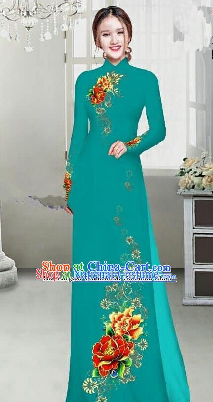 Asian Traditional Vietnam Female Ao Dai Costume Vietnamese Bride Printing Peony Green Cheongsam for Women