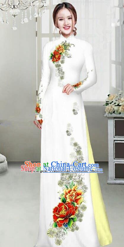 Asian Traditional Vietnam Female Ao Dai Costume Vietnamese Bride Printing Peony White Cheongsam for Women