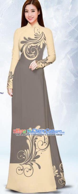 Asian Traditional Vietnam Female Costume Vietnamese Bride Grey Ao Dai Cheongsam for Women