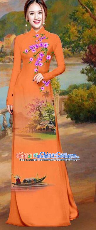 Asian Traditional Vietnam Bride Costume Vietnamese Printing Orange Ao Dai Cheongsam for Women