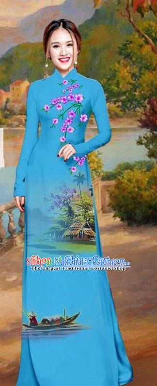 Asian Traditional Vietnam Bride Costume Vietnamese Printing Blue Ao Dai Cheongsam for Women