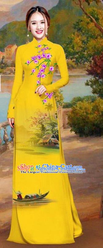 Asian Traditional Vietnam Bride Costume Vietnamese Printing Ginger Ao Dai Cheongsam for Women