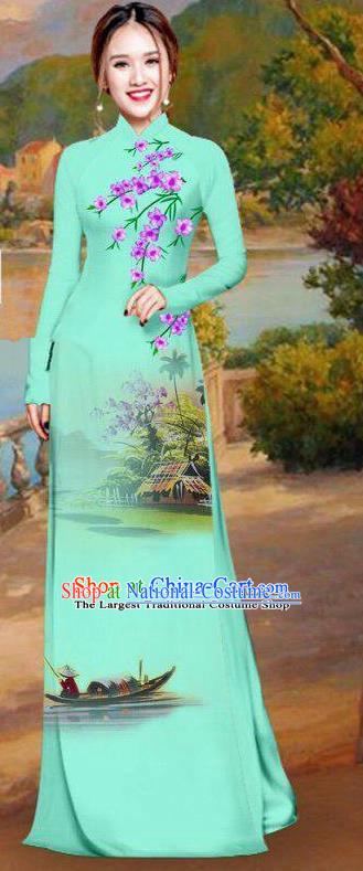 Asian Traditional Vietnam Bride Costume Vietnamese Printing Light Green Ao Dai Cheongsam for Women