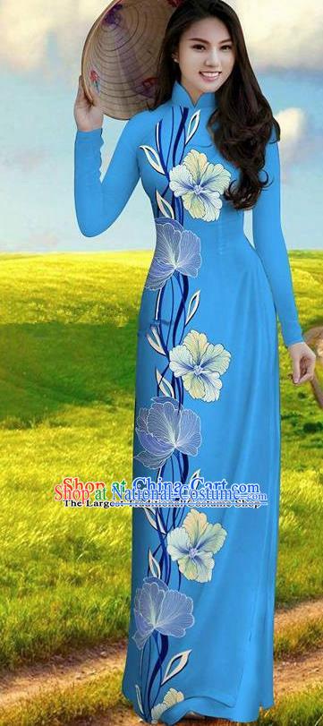 Vietnam Traditional Bride Costume Blue Qipao Dress Vietnamese Printing Morning Glory Ao Dai Cheongsam for Women