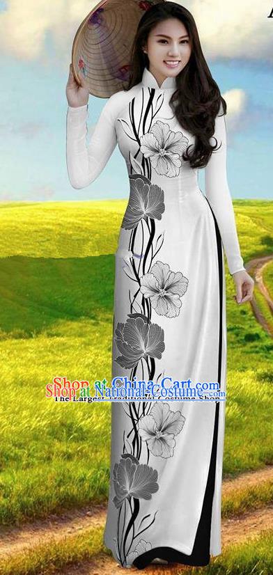 Vietnam Traditional Bride Costume Ao Dai Qipao Dress Vietnamese Printing Morning Glory Cheongsam for Women