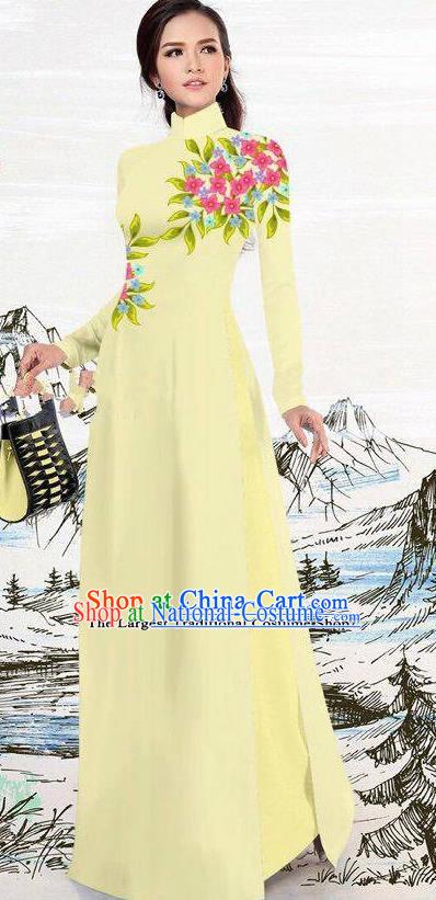 Asian Traditional Vietnam Female Costume Vietnamese Light Yellow Ao Dai Cheongsam for Women