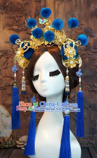 Chinese Ancient Wedding Queen Blue Phoenix Coronet Hair Jewelry Accessories Hairpins for Women