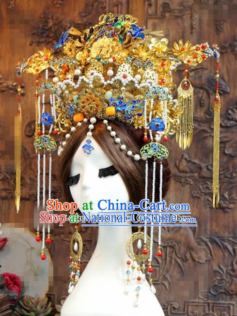 Chinese Ancient Wedding Queen Luxurious Blueing Phoenix Coronet Hair Jewelry Accessories Hairpins for Women