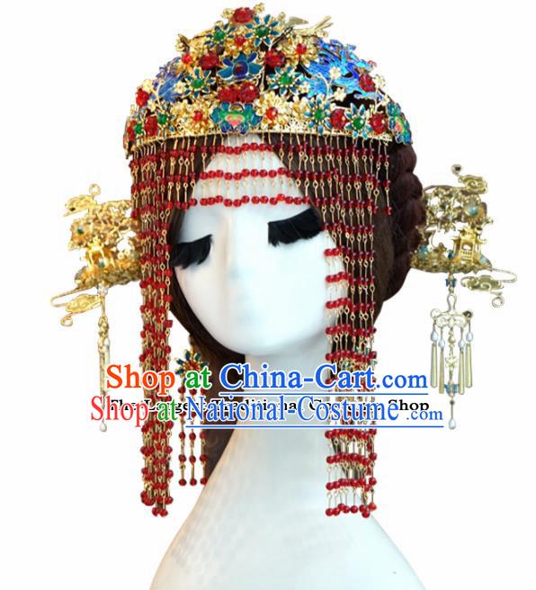 Chinese Ancient Wedding Queen Luxurious Blueing Lotus Phoenix Coronet Hair Jewelry Accessories Hairpins for Women