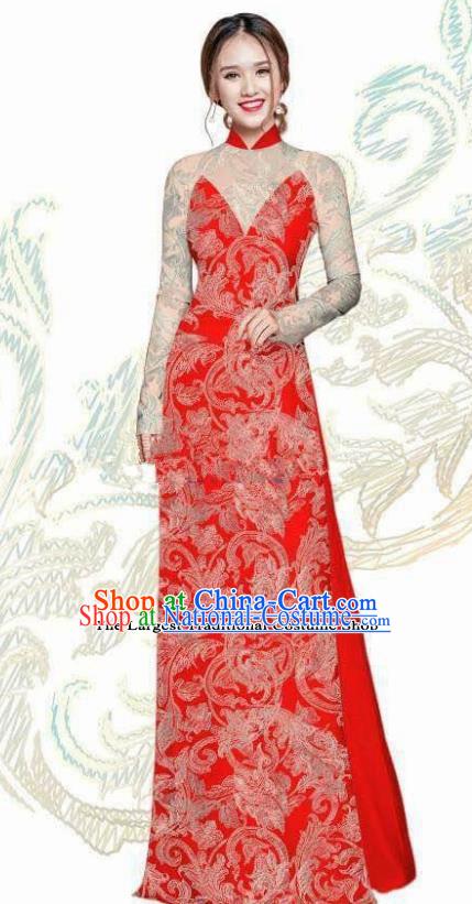 Vietnam Traditional Bride Costume Vietnamese Red Ao Dai Qipao Dress Cheongsam for Women