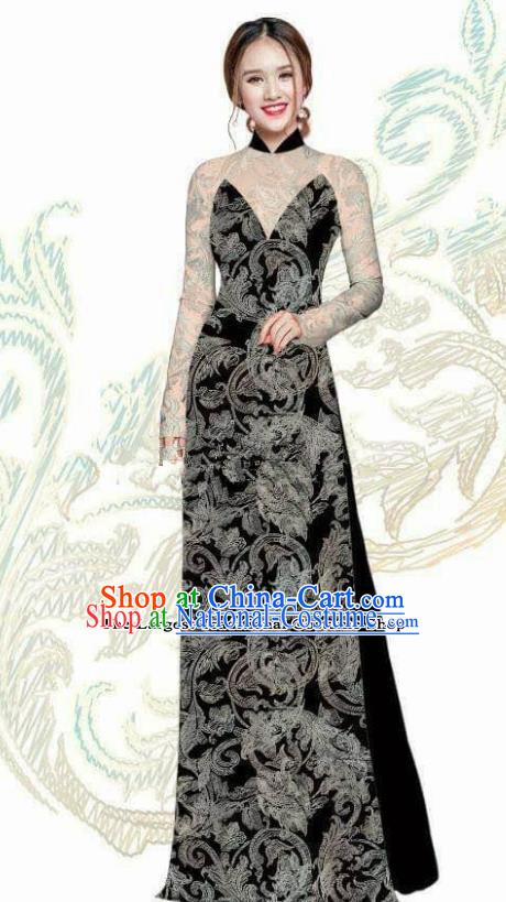 Vietnam Traditional Bride Costume Vietnamese Black Ao Dai Qipao Dress Cheongsam for Women