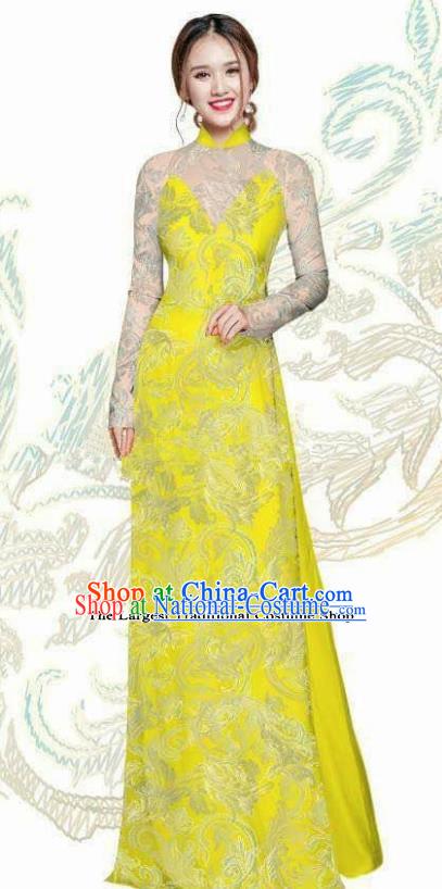 Vietnam Traditional Bride Costume Vietnamese Bright Yellow Ao Dai Qipao Dress Cheongsam for Women