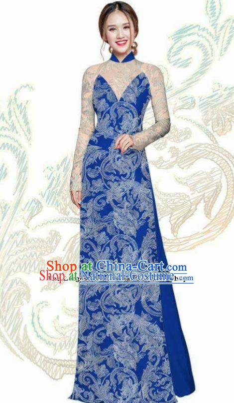 Vietnam Traditional Bride Costume Vietnamese Royalblue Ao Dai Qipao Dress Cheongsam for Women