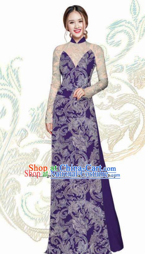 Vietnam Traditional Bride Costume Vietnamese Purple Ao Dai Qipao Dress Cheongsam for Women