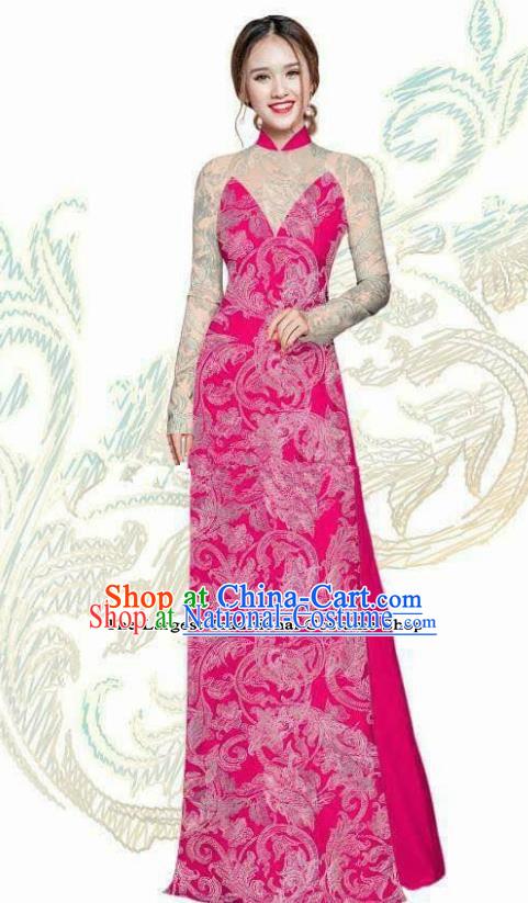 Vietnam Traditional Bride Costume Vietnamese Rosy Ao Dai Qipao Dress Cheongsam for Women