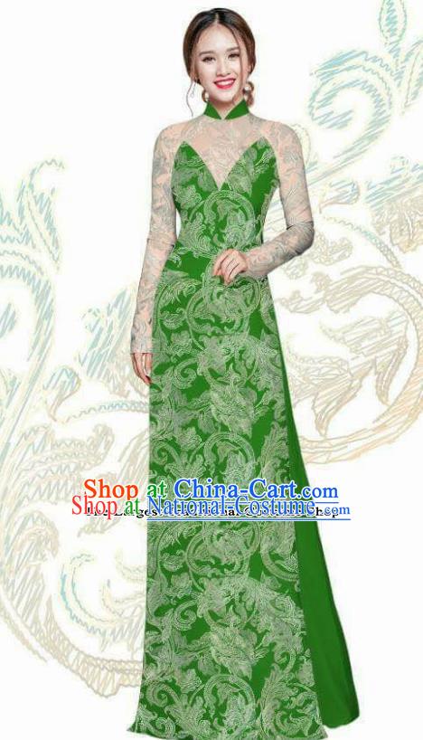 Vietnam Traditional Bride Costume Vietnamese Green Ao Dai Qipao Dress Cheongsam for Women